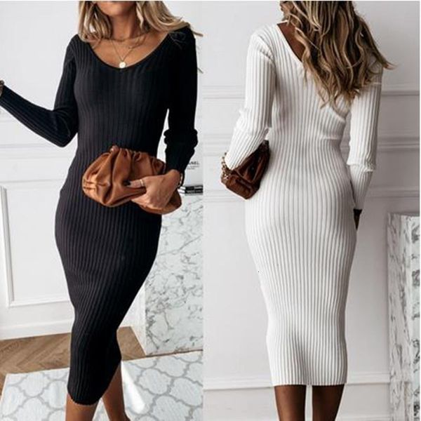 autumn knit v-neck slim women pit strip long-sleeved solid dress white basis bodycon base dress 2021 party club midi dress, Black;gray